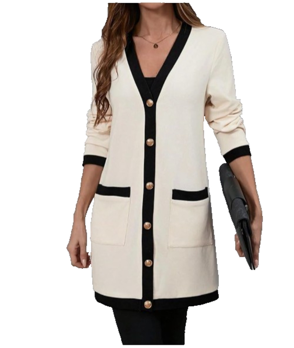 Cream Black Trim Cardigan Longline Gold Button Pockets Preppy Parisian Chic Lg